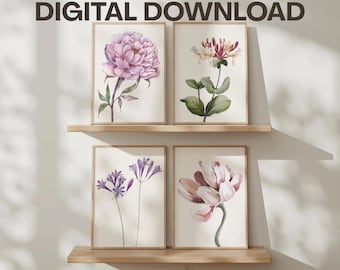 Floral Vintage Style Wall Art Prints Digital Download Set of 4 Botanical Home Decor