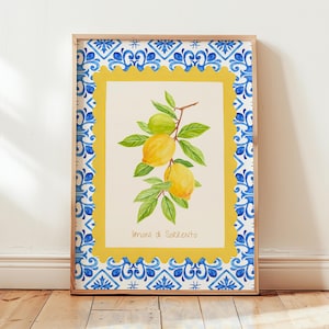 Amalfi Lemon Kitchen Wall Art Print: Italian Tile Art, Vintage Style Decor, Limoni