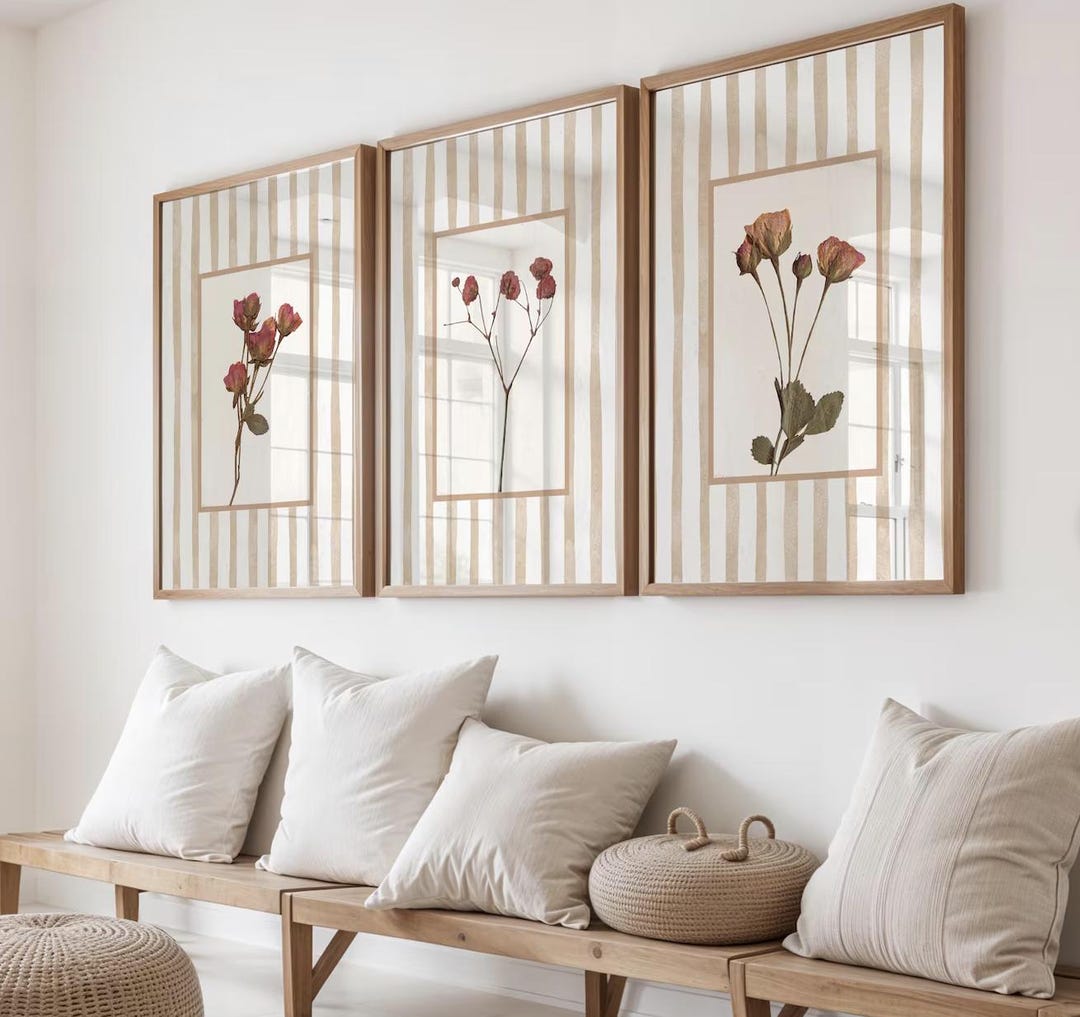 Burgundy Floral Wall Art Prints Set of 3: Cottage Style Dried Flowers ...