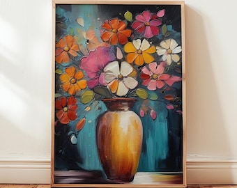 Floral Wall Art: Floral Oil Painting Style Print Flowers in Vase
