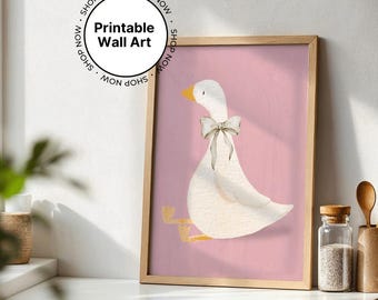 Silly goose dusty pink printable wall art with coquette bow tie home nursery decor print at home digital art three aspect ratios