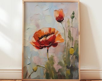 Red Poppy Flower Print, Botanical Oil Painting Style, Floral Wall Art