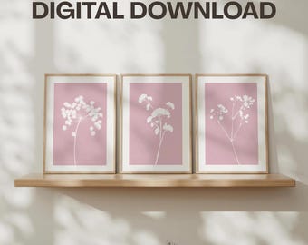 Pink Botanical Floral Wall Art Prints, Digital Download, Set of 3: Cottage Style Dried Flowers