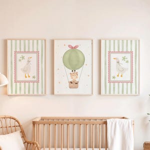 Juego de 3 impresiones de guardería de ganso tonto, galería de arte de pared para dormitorio de bebé verde salvia, decoración neutra para el hogar, globo aerostático, linda impresión artística digital