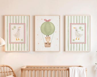 Silly goose nursery prints set of 3 sage green baby bedroom wall art gallery neutral home decor hot air balloon cute digital art print
