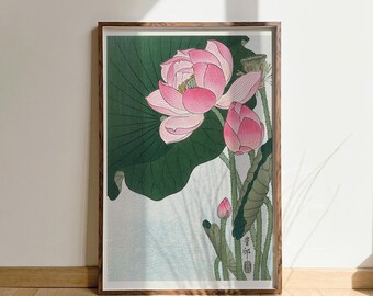 Blooming lotus flowers by Ohara Koson, Japanese print, Japanese paintings, wall art, home decor, wall hangings, calming posters