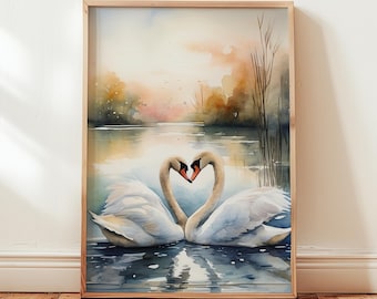Swan Lake Watercolour Print: Romantic Swans Painting, Elegant Home Decor