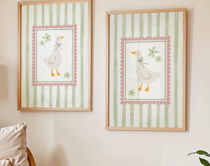 Featured listing image: Silly goose nursery prints set of 2 sage green baby bedroom wall art gallery neutral home decor cute digital art print