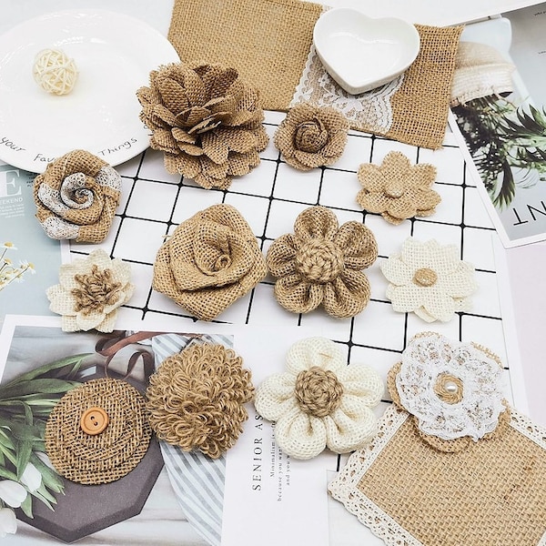 5 pcs Natural Burlap Flowers Handmade Rustic Rose Flower for Craft Bouquets Wedding Christmas Party Decoration