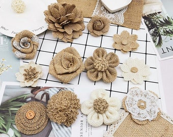 5 pcs Natural Burlap Flowers Handmade Rustic Rose Flower for Craft Bouquets Wedding Christmas Party Decoration