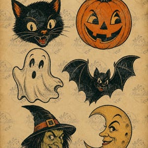 May include: A collection of six vintage-style Halloween illustrations on a tan background, featuring a black cat, an orange jack-o'-lantern, a white ghost, a black bat, a green-skinned witch in a hat, and a yellow crescent moon with a face.