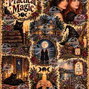 May include: A decorative collage print titled Practical Magic featuring two women, a Victorian house, black cats, spell books, a witch hat, a broom, candles, a full moon, and floral accents. The text reads Practical Magic and It's all in the family.