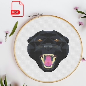 Black Panther Cross-stitch PDF  for beginners . Geometric Black Panther cross stitch pattern