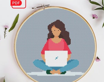 Girl with laptop Cross Stitch Pattern. Instant PDF Download