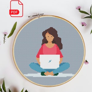Girl with laptop Cross Stitch Pattern. Instant PDF Download