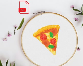 May include: A cross-stitch pattern of a pizza slice with red pepperoni, green basil, and yellow cheese on a white background.