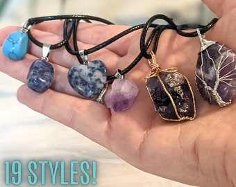 Natural Crystal Pendant Necklaces - 19 Styles Rose Quartz, Tigers Eye, Jade, Malachite, Turquoise, Amethyst