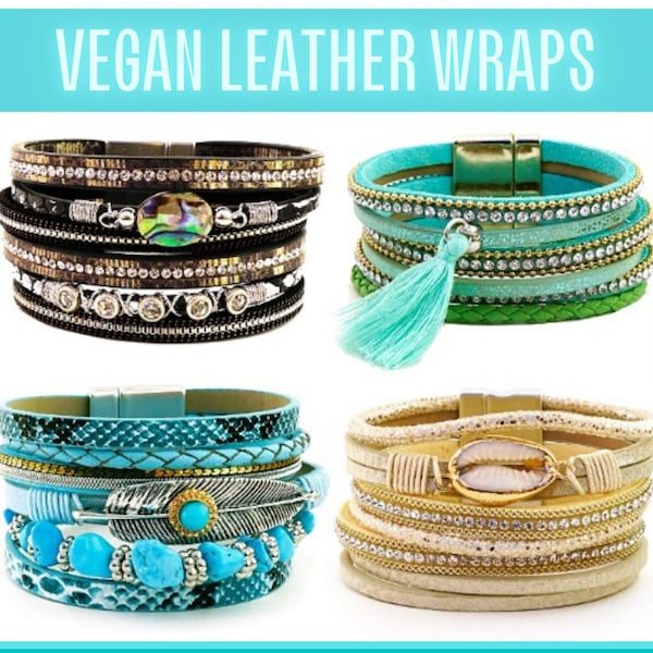 XS - XL Magnetic Wrap Bracelet, Vegan Leather, Sizes Small Medium Large, Women's Bracelet, Magnetic Bracelet, Rhinestone Bracelet, Boho