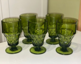 1950’s Mid Century Anchor Hocking Glasses Green Honeycomb Pedestal Thumbprint Tumblers Set of 5