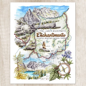 Enchantments Washington hiking trail map. PNW mountain watercolor art. Pacific Northwest WA state artwork. Cascade Range outdoor poster gift