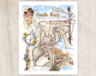 Smith Rock Oregon State Park watercolor art. Pacific Northwest rock climbing hand drawn artwork. PNW gift. Hiking illustrated map wall decor