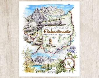 Enchantments Washington hiking trail map. PNW mountain watercolor art. Pacific Northwest WA state artwork. Cascade Range outdoor poster gift