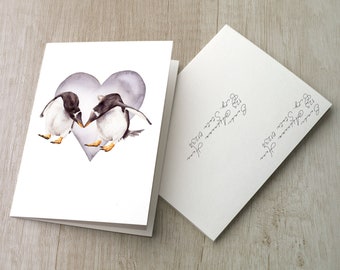 Penguin blank card with envelope. Any occasion wedding anniversary. watercolor bird note. Letter writing gift. Stationary for bird lover