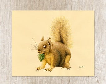 Squirrel Art Print. Wildlife portrait for nature lover gift. Unusual home decor of forest animal artwork. Woodland creature art for nursery