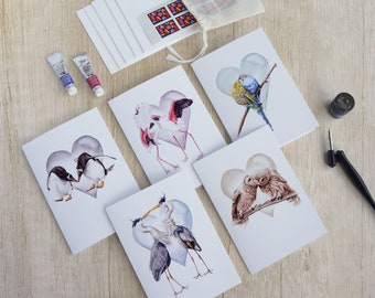 Love bird card pack set. watercolor of heron, flamingo, budgie, owl, penguin. Any occasion wedding anniversary notecard. Gift for bird lover