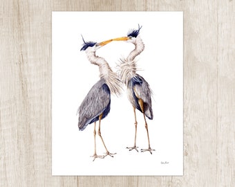 Great blue heron art print. Bird couple portrait watercolor painting. Egret drawing wall decor. Nature lover. Artwork gift for bird lovers