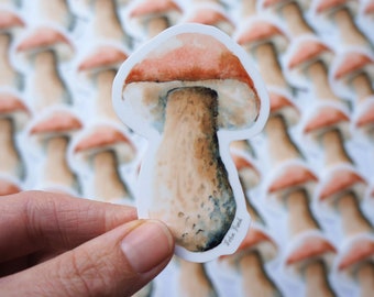 Bolete mushroom waterproof vinyl sticker. Gift for nature lover. Water bottle sticker of botanical illustration. Mushroom magic gifts.
