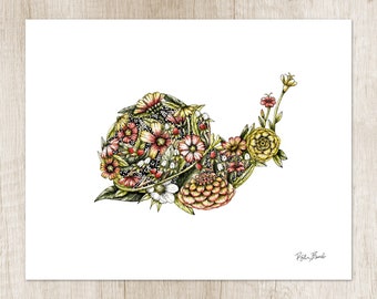 Garden snail flower print. Whimsical woodland illustration. Cute fantasy insect. Nature lover artwork. Gardener gift. Nursery decor wall art