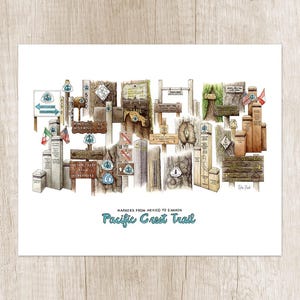 PCT trail Art Print. Pacific Crest Trail outdoor poster. Long distance thru hiking wall art. Hiker decor as adventurer gift. Explore PNW map