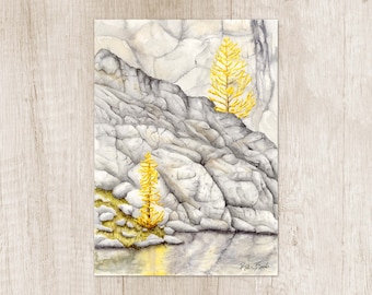 Golden larch tree print. PNW mountain scene wall art. Pacific northwest landscape watercolor painting. Enchantments Washington fall artwork