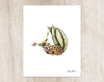 Whimsical woodland slug flower print. Cute fantasy insect. Garden snail nature lover art. Botanical artwork gardener gift. Nursery decor art