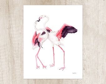 Flamingo art print. Portrait watercolor painting. Pink tropical coastal wildlife. Zoo animal watercolor wall decor. Artwork gift bird lovers