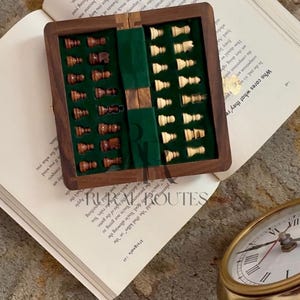 Foldable Handmade Magnetic Chess Set 5 inch, In-Built Storage Chess Solid Wood Inlay Chess Birthday Anniversary Gift for Her Him
