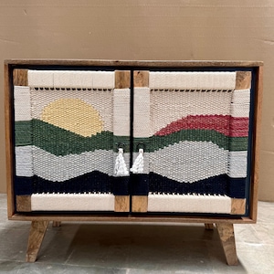 Handcrafted Mango Wood Sideboard with Woven Rope Doors – Mid Century TV Stand, Boho Console Table, Narrow Entryway Storage Cabinet