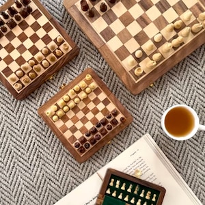 Foldable Magnetic Wood Chess Set: Handmade Travel Game, In-Built Storage