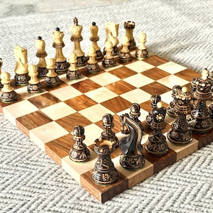 Decorative Wooden Chess Pieces, Hand-Carved Burnt Design, Brown and Natural Wood Pieces, Travel Chess Pieces, Birthday Gift for Him Her