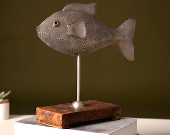 Decorative Fish Figurine on Wooden Stand, 19cm Height, Aluminum and Sheesham Wood Base, Silver  Iron Fish Table Decor Showpiece 4 LivingRoom