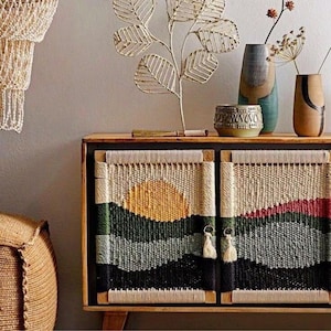 Handcrafted Mango Wood Sideboard with Woven Rope Doors – Mid Century TV Stand, Boho Console Table, Narrow Entryway Storage Cabinet