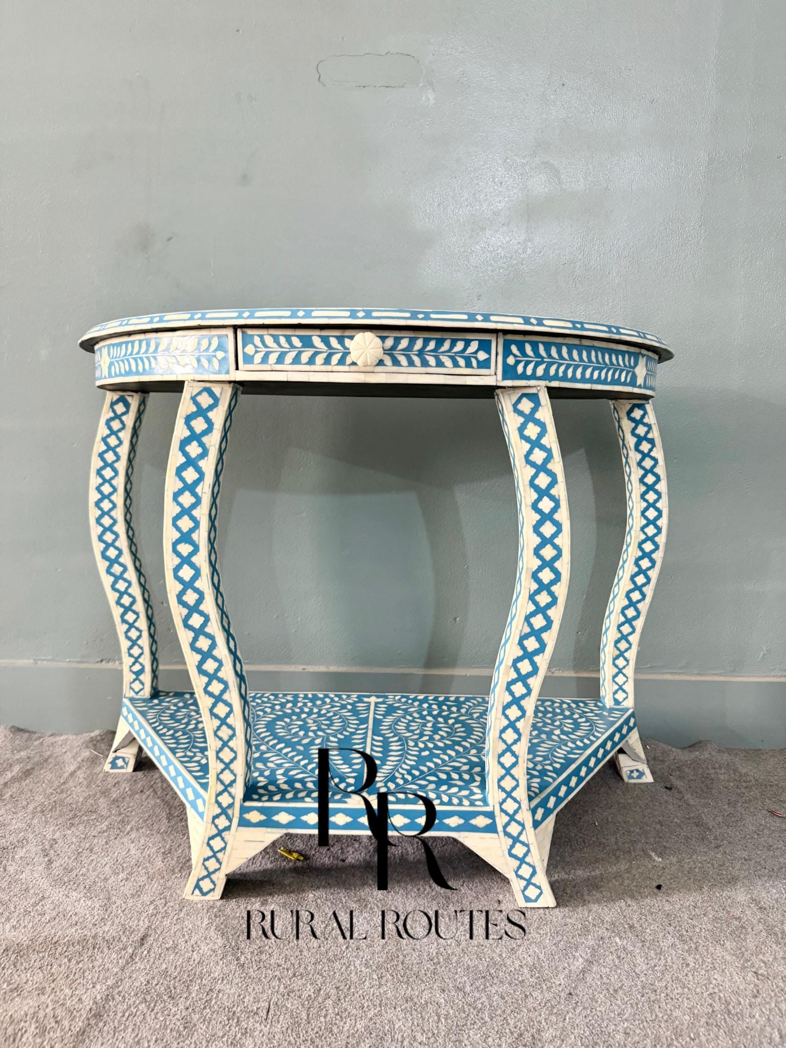 Bone Inlay Half Moon Console Table Blue and White Floral Pattern Traditional Design with Bone Inlay floral console Table with Single Drawer