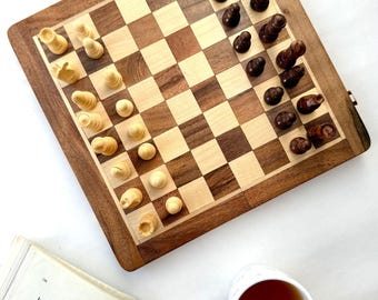 Handmade Magnetic Rosewood Chess Set: Foldable Travel Board, Inlaid Storage