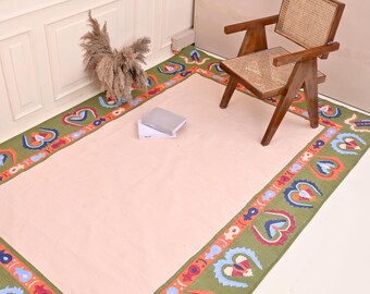 Handmade Moroccan Wool Area Rug, Traditional Berber Carpet, Striped Pattern with Floral Border, 6x9 Feet, Red, Yellow and Green area Rugs.