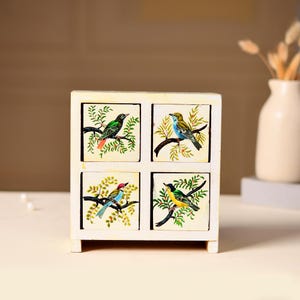 Hand-Painted Bird Storage Box: Handmade Ceramic Drawer Wooden Jewelry Chest