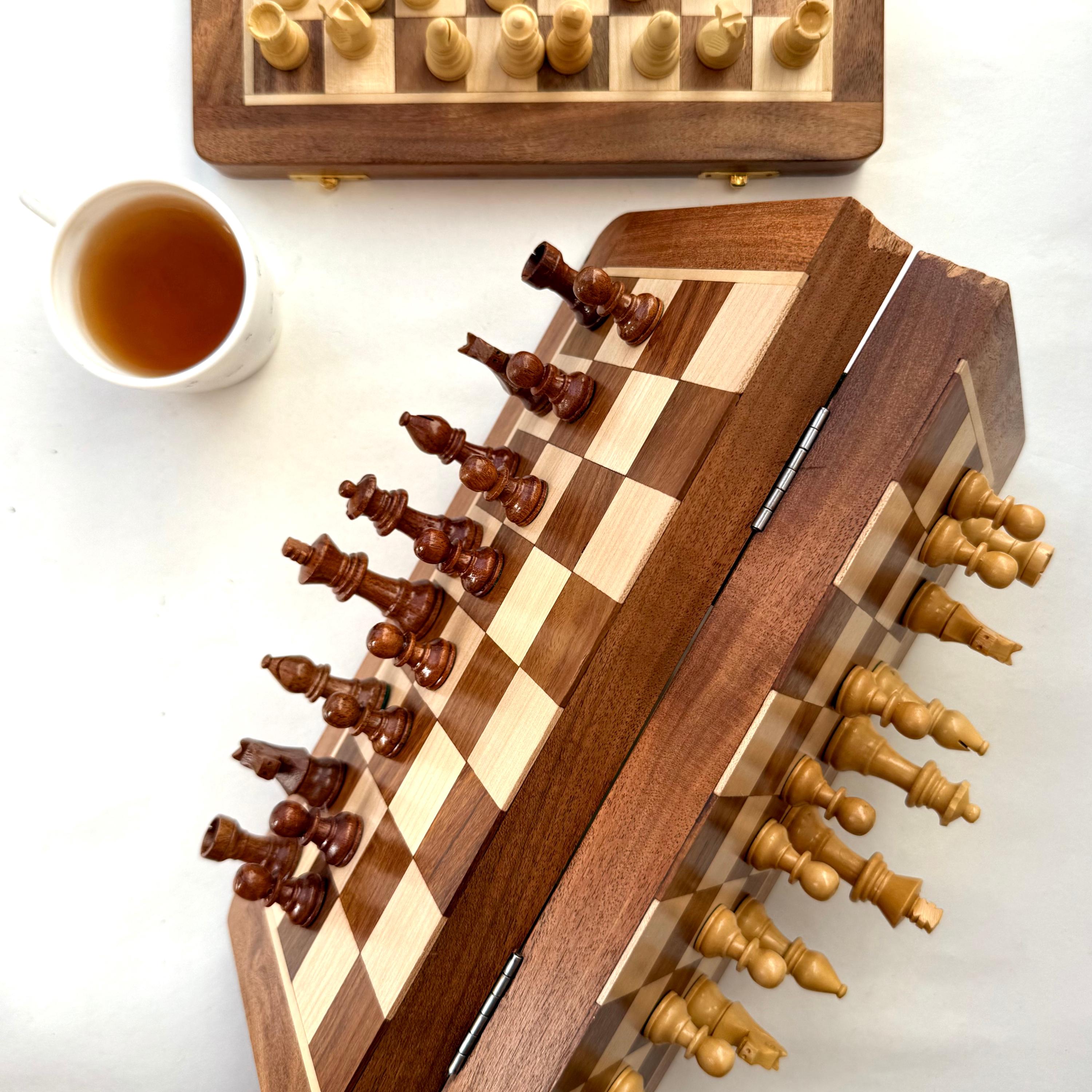 Handcrafted Acacia Magnetic Chess Set - 12 Inch Wooden Foldable Board, Portable Travel Game for Kids & Adults, Gift Chess Lovers