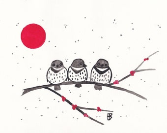 Digital Three Birds Print from original watercolor art