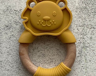 Personalized baby teether, engraved teether, Food grade silicone lion teether, silicone baby teether, wooden animal teether, baby toy
