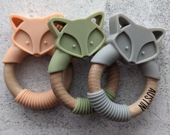Personalized baby teether, engraved teether, Food grade silicone fox teether, silicone baby teether, wooden baby teether, baby silicone toy